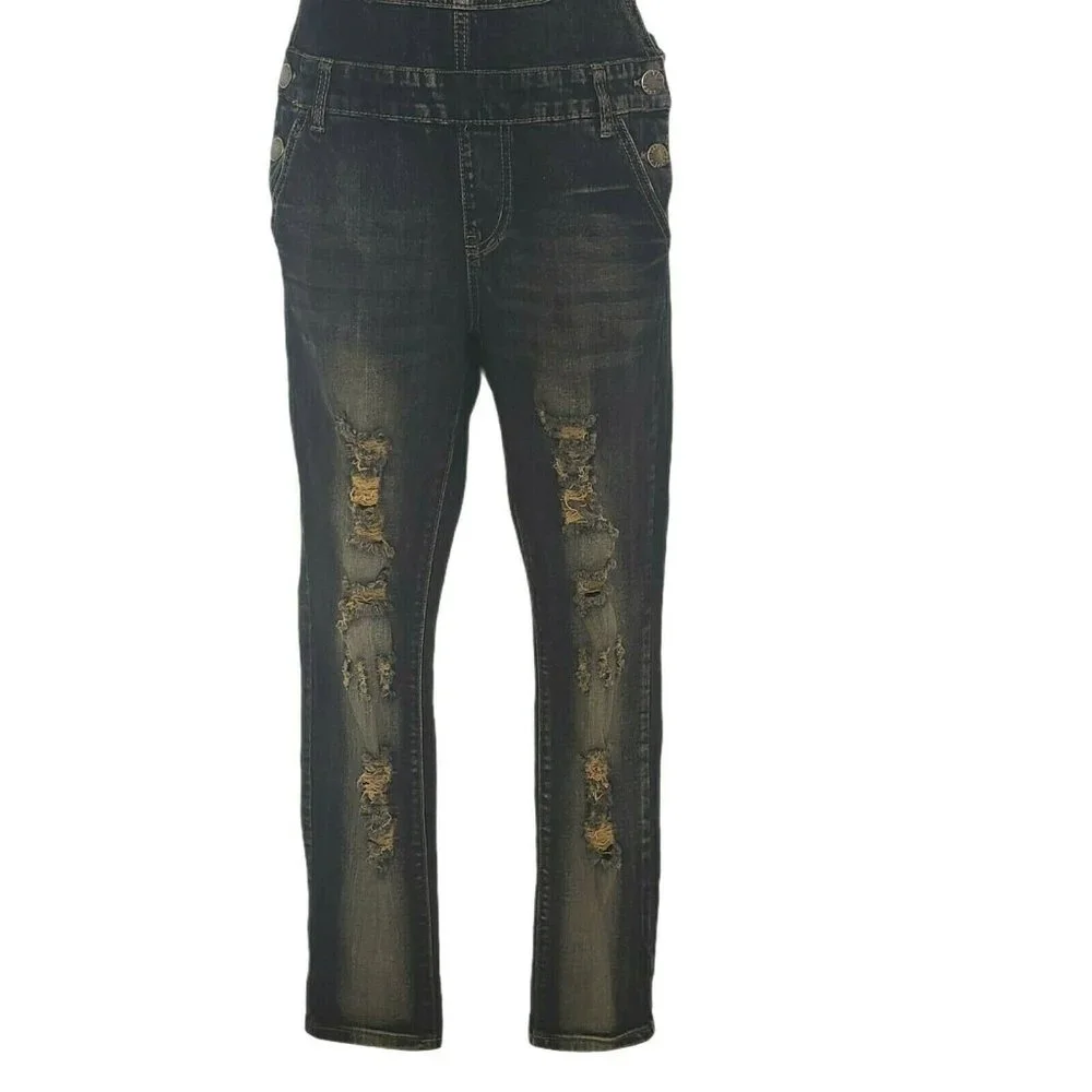 VIP Jeans Distressed Dark Wash Denim‎ Bib Overalls